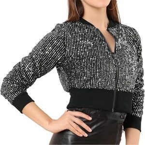 Black Silver Sequins Sparkle Bomber Jacket